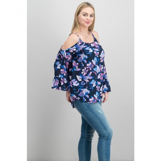 Printed Bell-Sleeved Blouse 0016A - Navy Orchid