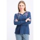 Women Petite Cotton Embroidered Split-Neck Top - Blue