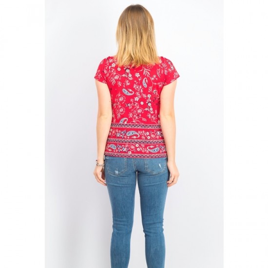 Petite Floral-Print Pleat-Neck Top 0015 - Red