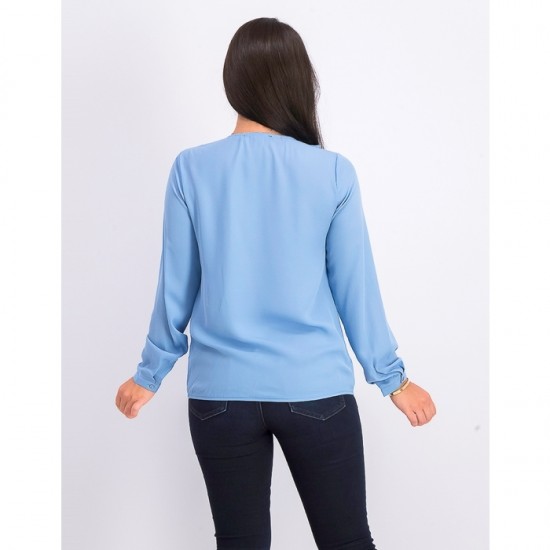 Women Long Sleeve Ruffled Neck Blouse 0032 - Light Blue