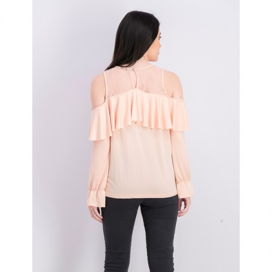 Women Long Sleeve Cold Shoulder Blouse 0039 - Blush