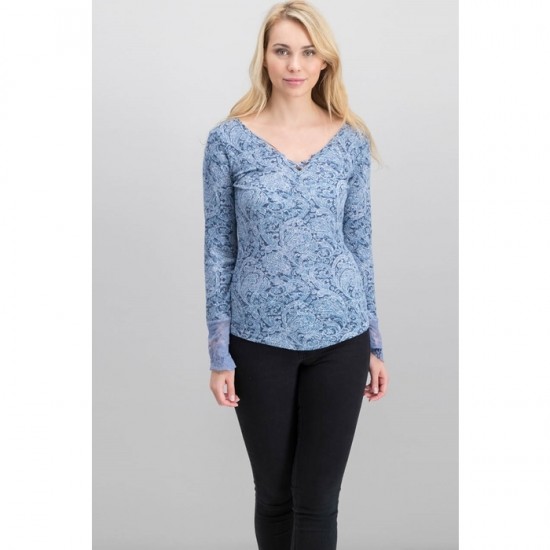 Women Clementine Textured Lace-Cuff Tops 0066 - Blue