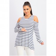 Women Long Sleeve Stripe Top 0089 - White and Navy
