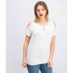 Women Petite Studded Cold-Shoulder Keyhole Top 0094 - Bright White