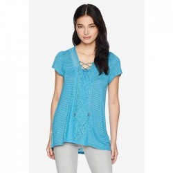Women's Petite Short Sleeve Striped Lace up Neck Top 0047 - Blue