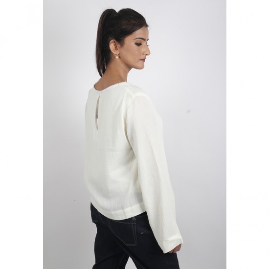 Mango White Textured Bell Sleeves Top
